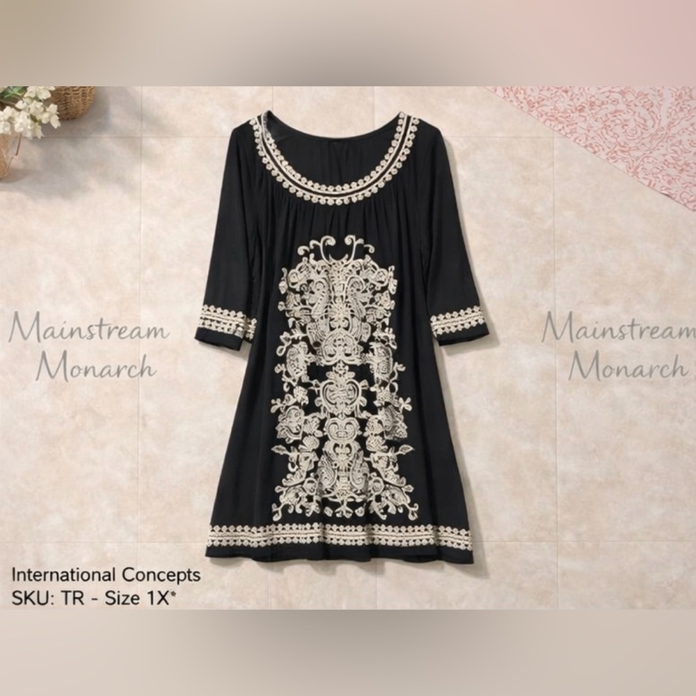 INC International Concepts Black Dress with Cream Embroidery